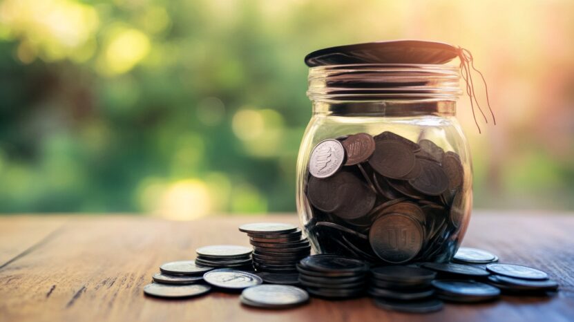 A glass jar filled with coins, surrounded by stacks of loose change, sitting on a wooden surface with a blurred green background